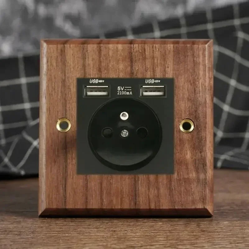 Black Walnut Wood Toggle Light Switch,Home retro Brass Panel,FR UK Universal Double USB Wall Electrical Socket Vintage Switch