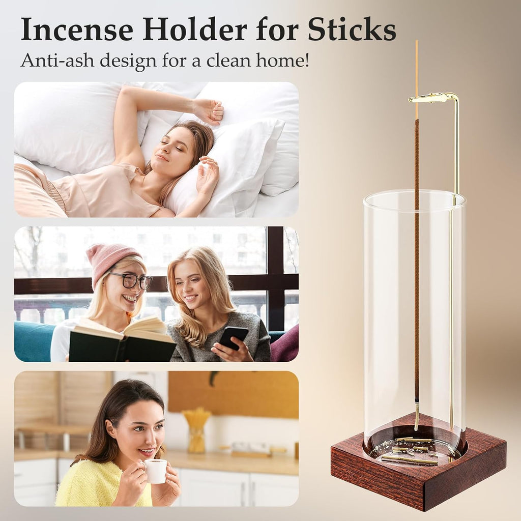 Incense Holder,Wooden Incense Holder for Sticks with 20 Incense Sticks, Anti-ash Incense Burner with Glass Ash Catcher for Meditation Yoga Spa Gift Home Decor