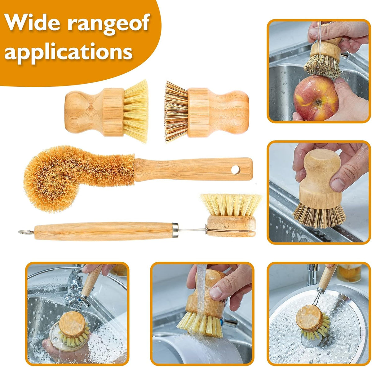 4 Piece Bamboo Dish Brush Set with Coconut Sponge - Wooden Dish Brush with Sisal and Palm Fiber, Natural Bamboo Dish Scrub Brush for Kitchen Cleaning Dishes, Pots, Pans, Bottles, Vegetables (Copy)