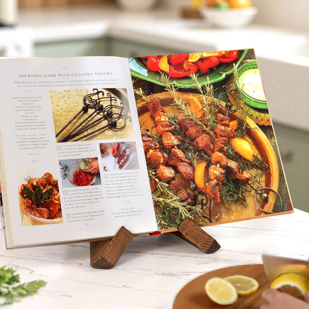 Cookbook Stand for Kitchen, Recipe Book Holder for Kitchen Counter, Wooden Cookbook Holder, Rustic Cook Book Holder Stand - Rustic Brown