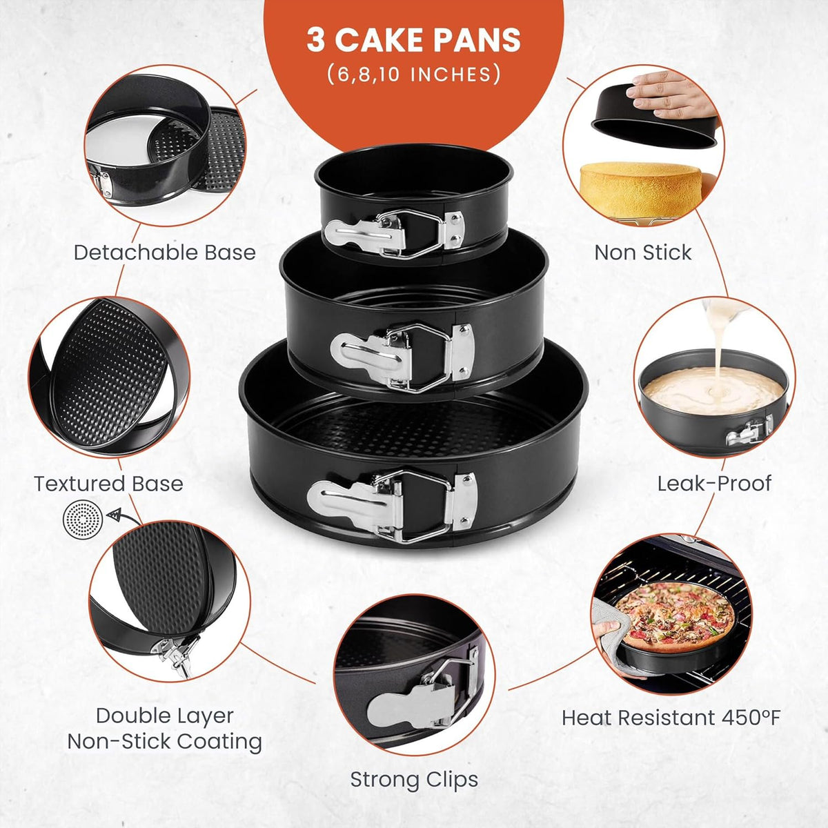 Springform Pan Set of 3 - Non-Stick Leakproof Round Cake Pans (6", 8", 10") with 90 Pcs Parchment Paper Liners and Bonus Ebook - Perfect for Cheesecakes, Baking, and More!"