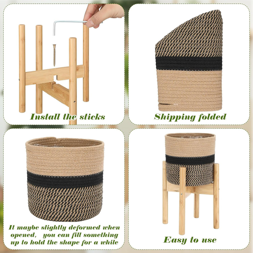 Plant Basket with Stand Indoor Planter Pot Holder Sturdy Jute Rope Modern Woven Basket, Cotton Rope Woven Pot with Bamboo Stand(7.87 Inch,Black and Beige Stripes)