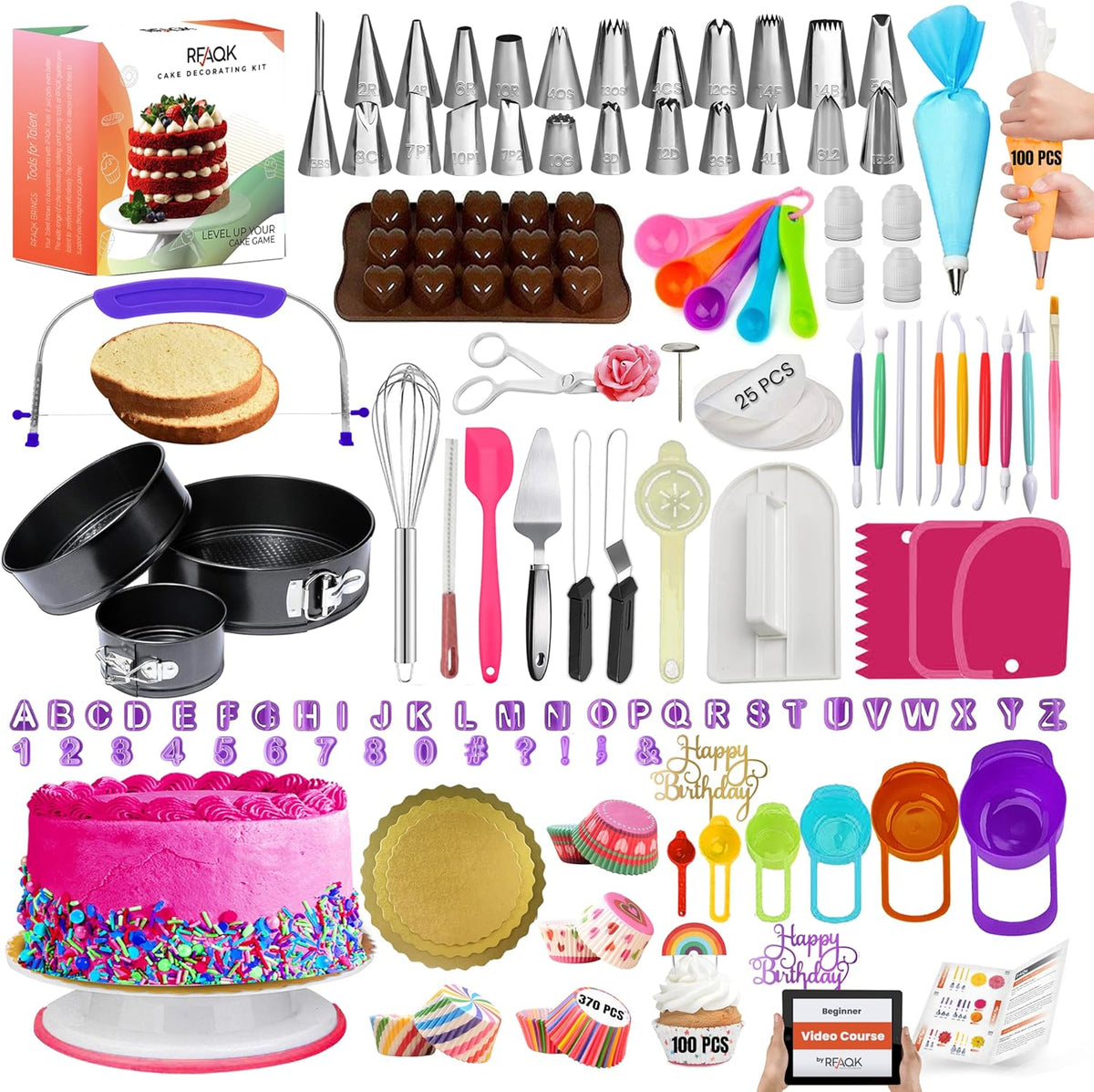 700PCs Cake Decorating Kit with Baking Supplies - Cake Turntable for Decorating with Baking Pans, Leveler, 24 Numbered Piping Tips, 2 Spatulas, Fondant Tools, Video Course, Pattern Chart & More