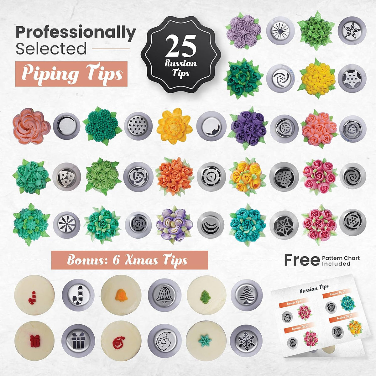 90PCs Flower Making Piping Tips Set, Includes 31 Piping Bags & 49 Tips (25 Russian piping tips, 16 Icing tips,7 Ruffle/Korean, 1 Ball Tip) + Video Course for beginners to Decorate Cake & Cupcake