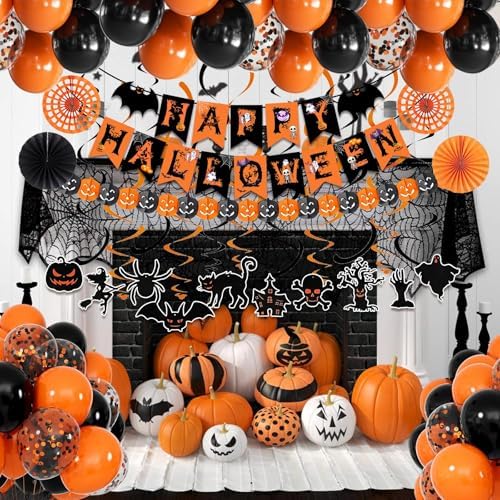 Black Orange Happy Halloween Trick or Treat Banner Paper Fan Balloons & Swirl Streamers Goul Bat Cat Bird Ghost Pumpkin Lantern for Halloween Decorations