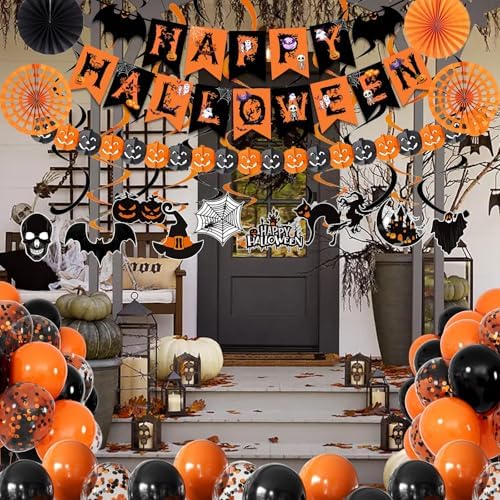 Black Orange Happy Halloween Trick or Treat Banner Paper Fan Balloons & Swirl Streamers Goul Bat Cat Bird Ghost Pumpkin Lantern for Halloween Decorations