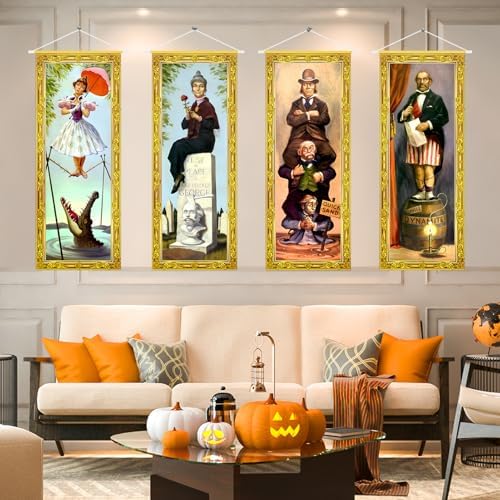 Halloween Decorations Large 4 PCS Haunted Mansion Stretching Portraits Vintage Vinyl Backdrop Decor Outdoor Horror Poster for Indoor Holiday Home Wall Art Wallpaper Hanging Porch Sign Banner Party