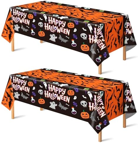 Halloween Decorations - 2 Pack Plastic Tablecloth for Halloween Party Decorations | Skeletons Bats Ghosts Pumpkin Table Decor for Outdoor Indoor Party Favors Supplies Backdrop Banner