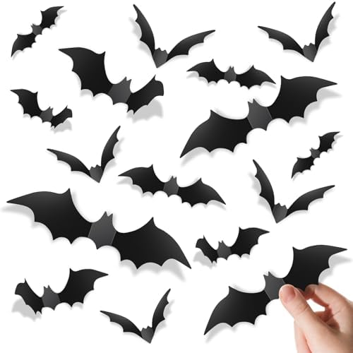 140Pcs Bats Halloween Decorations Party Supplies, Realistic PVC 3D Black Scary Bat Stickers for Creepy Home Decor Halloween Party Decorations DIY Wall Window Decal Bathroom Indoor