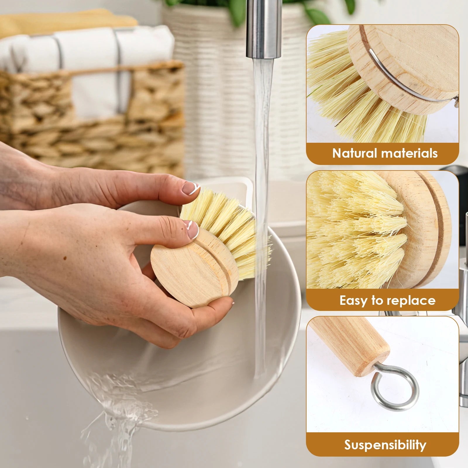 5 Piece Bamboo Dish Brush Set with Coconut Sponge - Wooden Dish Brush with Sisal and Palm Fiber, Natural Bamboo Dish Scrub Brush for Kitchen Cleaning Dishes, Pots, Pans, Bottles, Vegetables