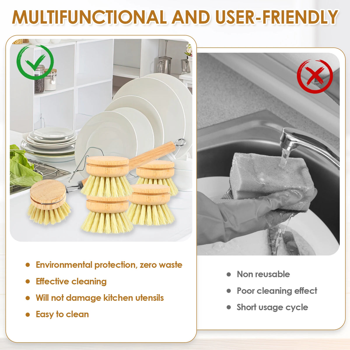 5 Piece Bamboo Dish Brush Set with Coconut Sponge - Wooden Dish Brush with Sisal and Palm Fiber, Natural Bamboo Dish Scrub Brush for Kitchen Cleaning Dishes, Pots, Pans, Bottles, Vegetables