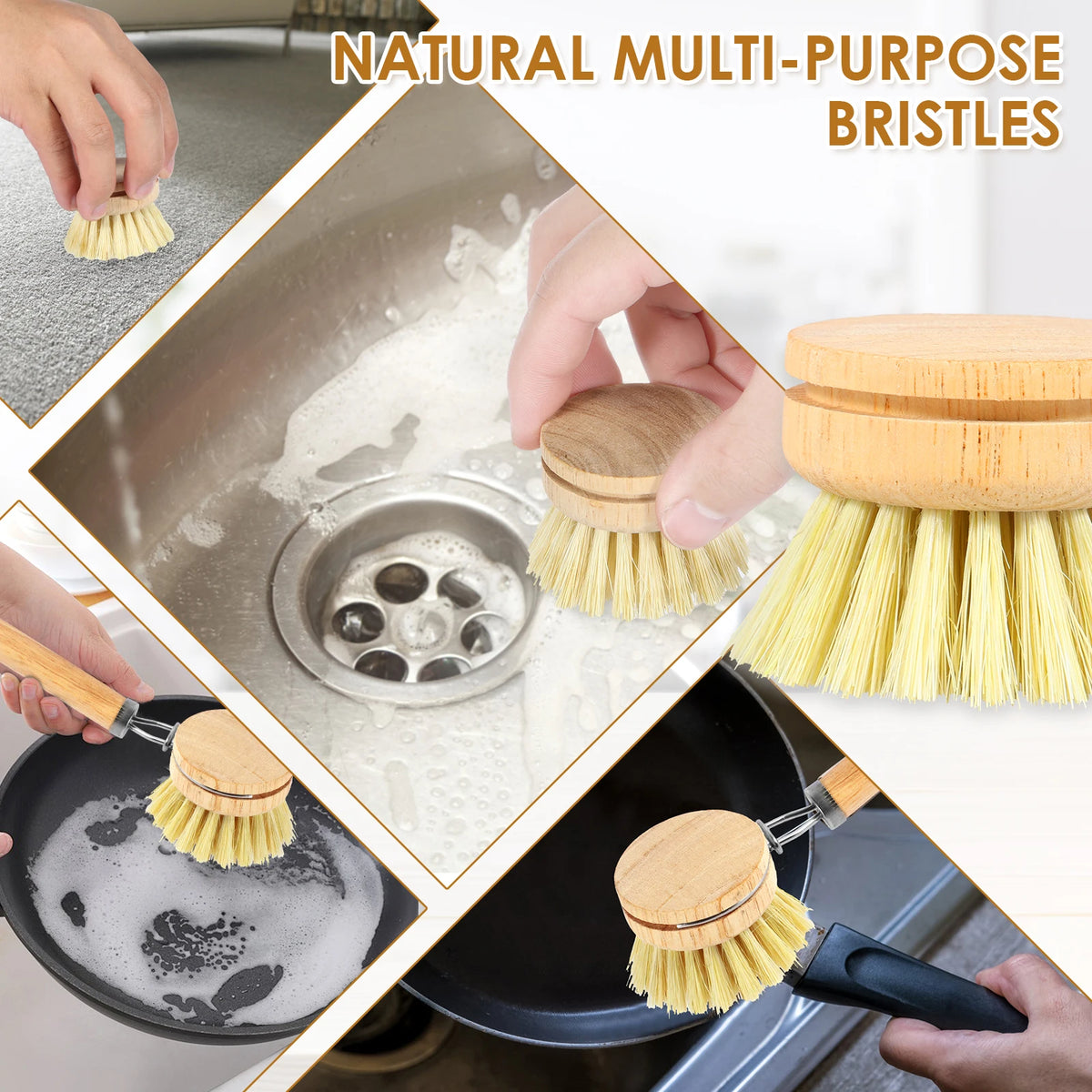 5 Piece Bamboo Dish Brush Set with Coconut Sponge - Wooden Dish Brush with Sisal and Palm Fiber, Natural Bamboo Dish Scrub Brush for Kitchen Cleaning Dishes, Pots, Pans, Bottles, Vegetables