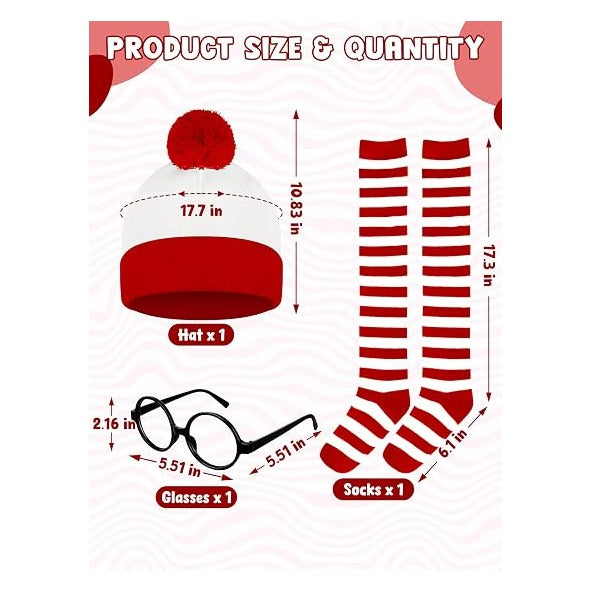 Halloween Costume Sets, Halloween Women Cosplay Red White Striped Shirt Beanie Cap Glasses Socks for Halloween Party