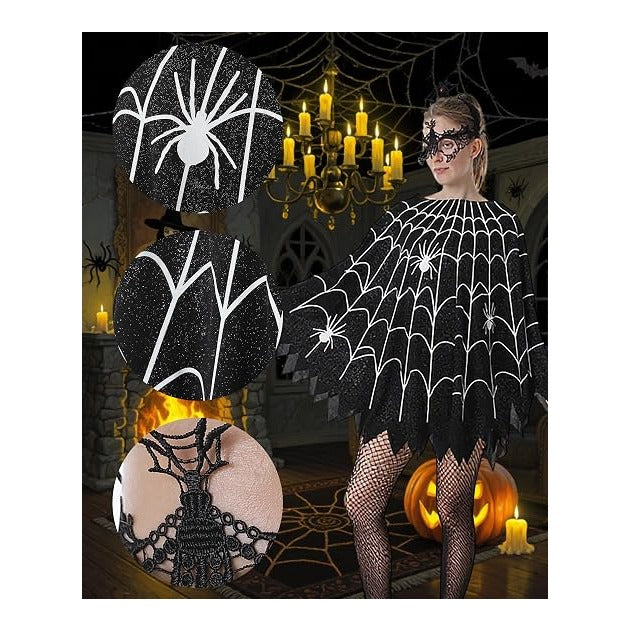 Spider Web Poncho for Women, Glow in the Dark Halloween Dress Cosplay Costume with Headband and Mask Outfit
